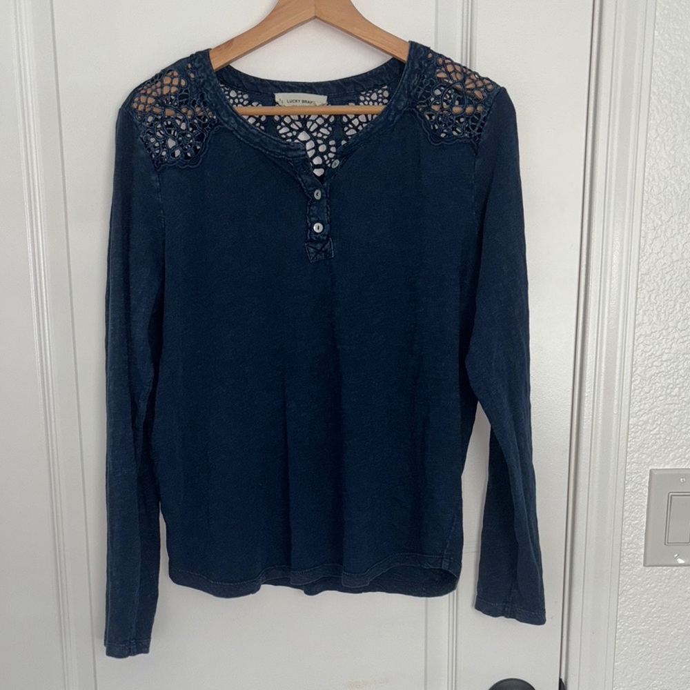 Lucky Brand Blue Long Sleeve Embellished Polo Blouse